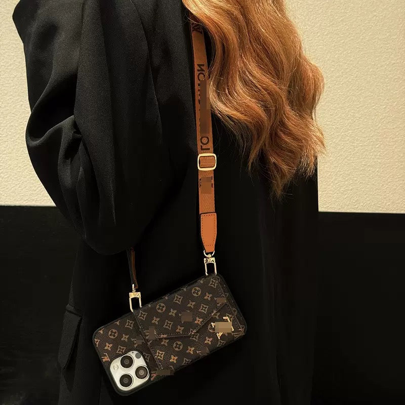 Advanced leather iPhone Case With Wallet And Strap Brown