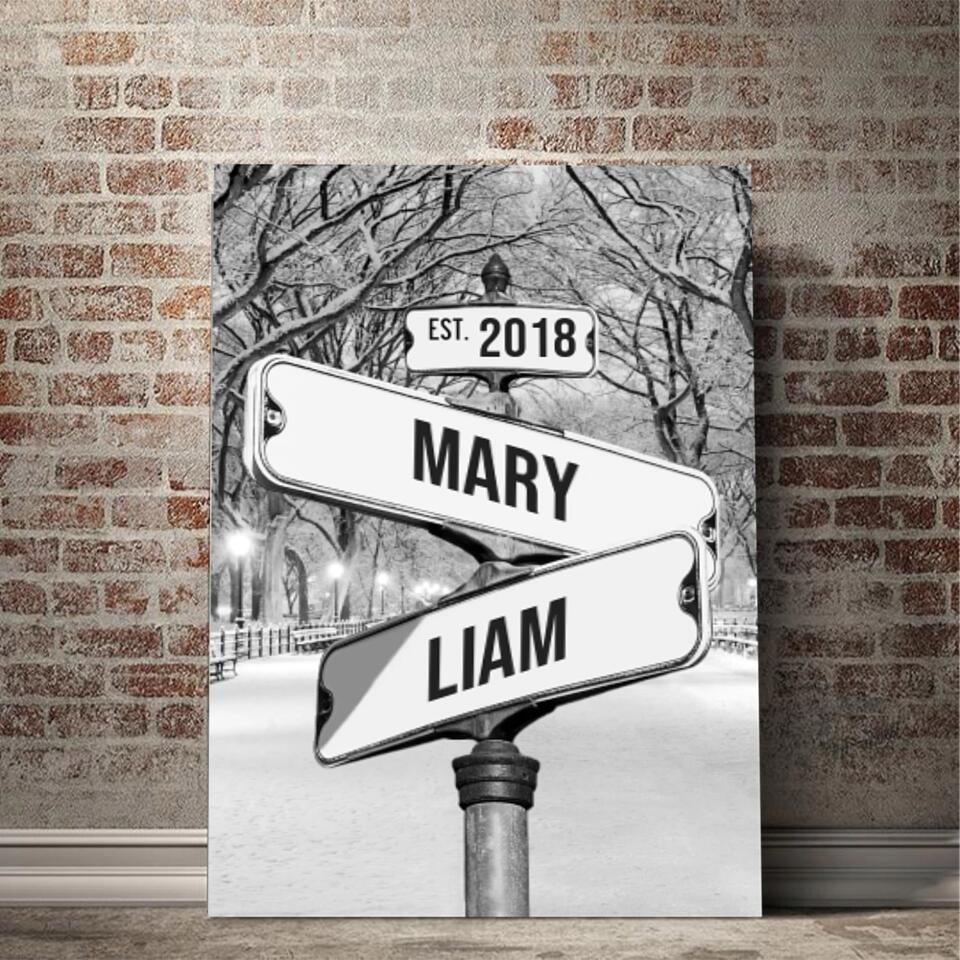 Personalized Canvas "Vintage Street Sign for couples" Central park in winter