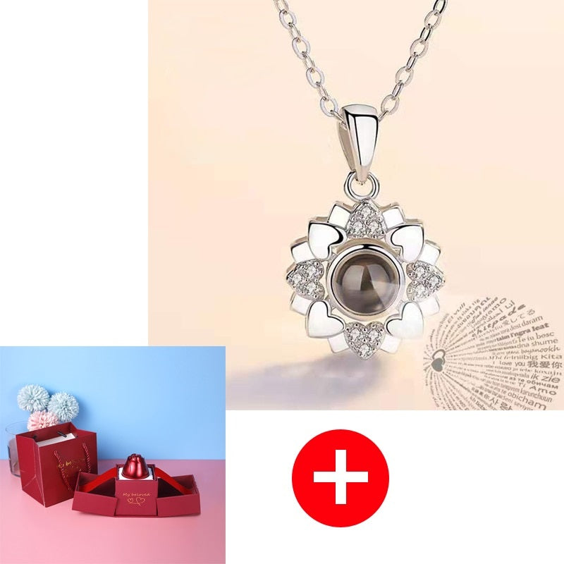 "I Love You" Necklace in 100 Languages + Metal Rose Jewelry Box