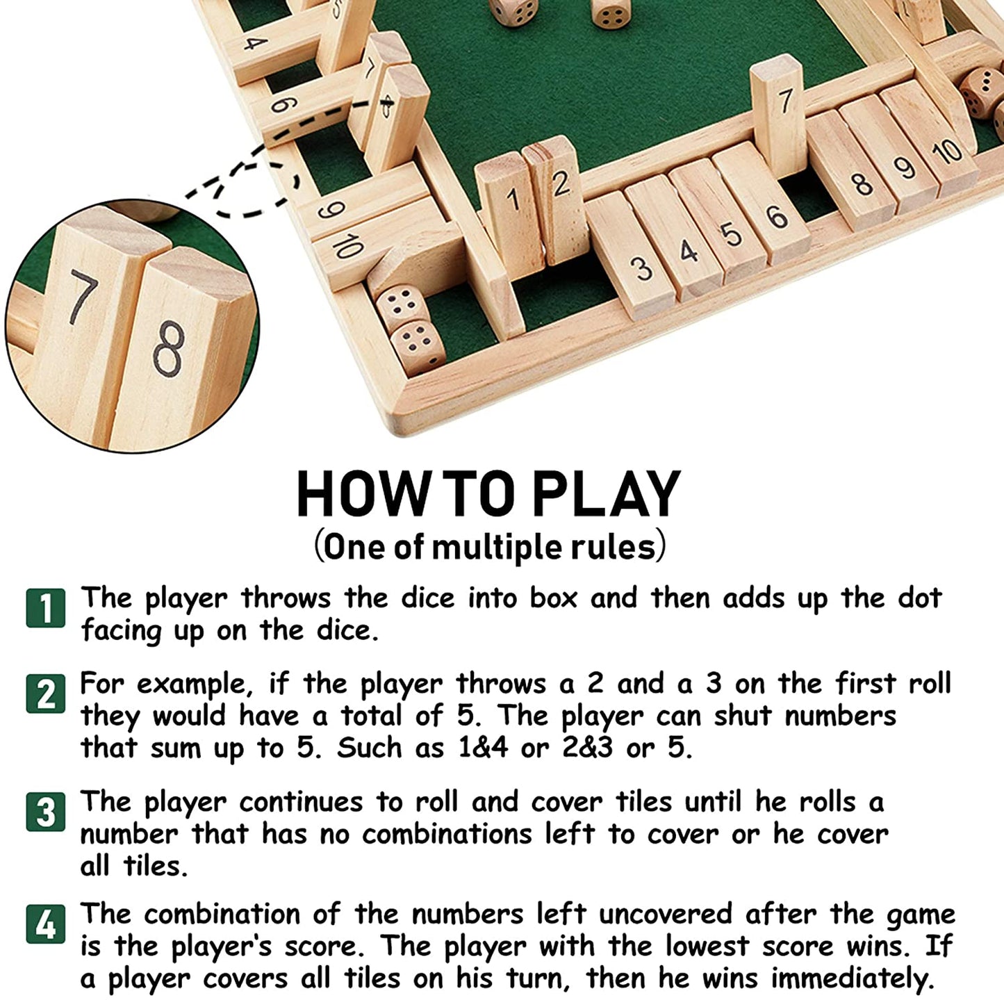 COMFMET Shut The Box Dice Game Wooden (2-4 Players),12 Inches