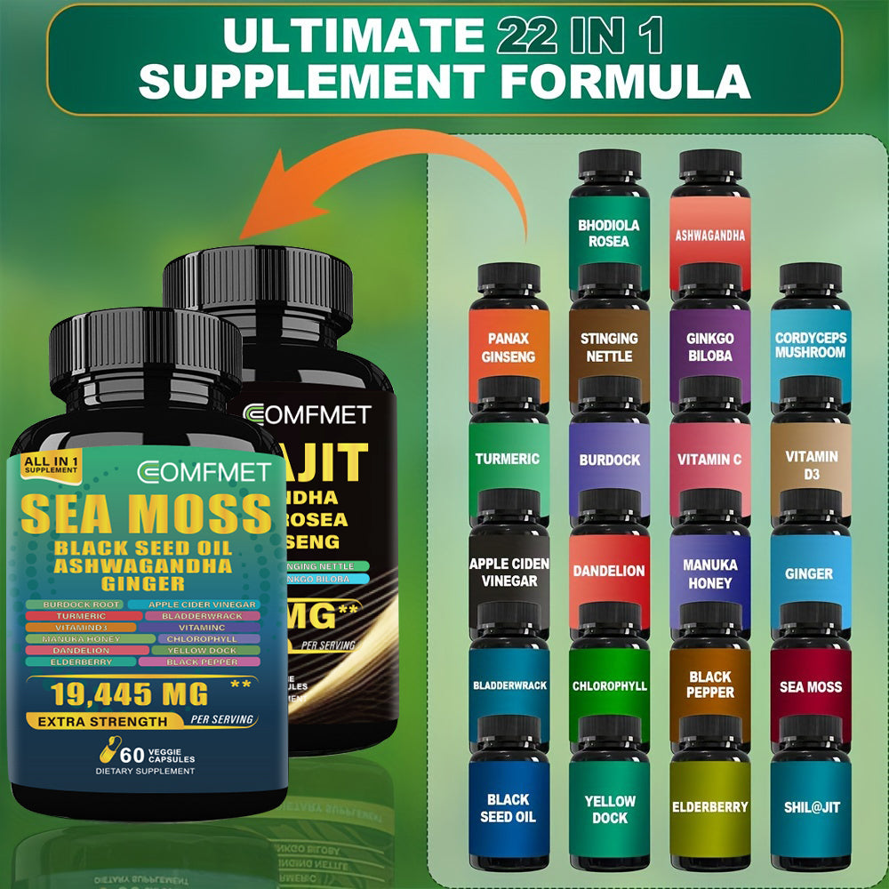 [2024 New Upgrade] COMFMET™ Sea Moss All-in-1 Blend And Shi-lajit Capsule 8-in-1 Synergy Bundle - Potent Natural Support -60 Capsules Per Bottle