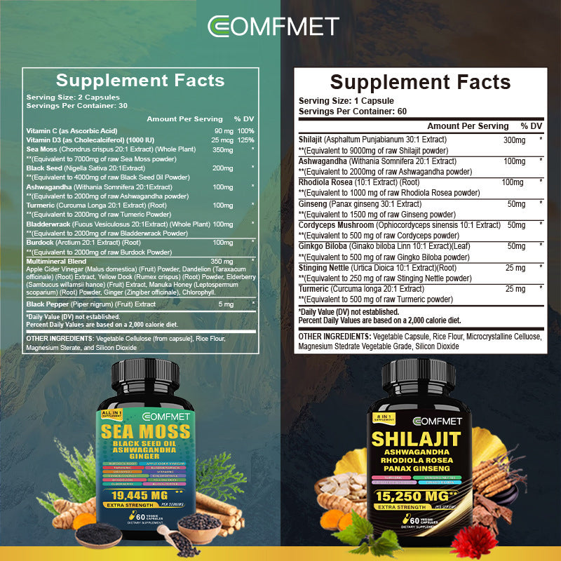 [2024 New Upgrade] COMFMET™ Sea Moss All-in-1 Blend And Shi-lajit Capsule 8-in-1 Synergy Bundle - Potent Natural Support -60 Capsules Per Bottle