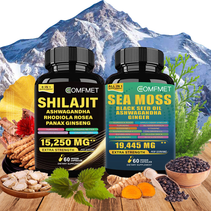 [2024 New Upgrade] COMFMET™ Sea Moss All-in-1 Blend And Shi-lajit Capsule 8-in-1 Synergy Bundle - Potent Natural Support -60 Capsules Per Bottle