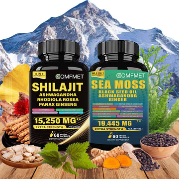 [2024 New Upgrade] COMFMET™ Sea Moss All-in-1 Blend And Shi-lajit Capsule 8-in-1 Synergy Bundle - Potent Natural Support -60 Capsules Per Bottle