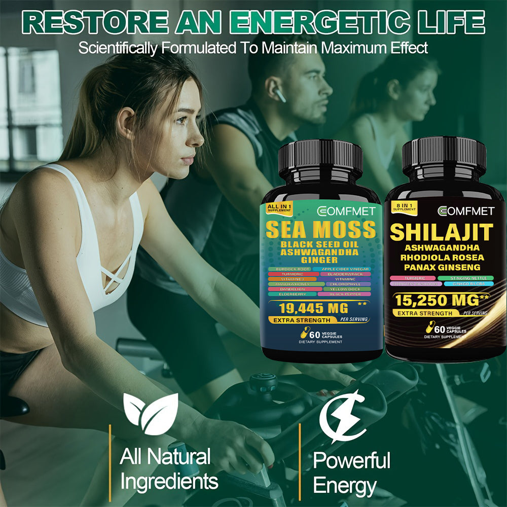 [2024 New Upgrade] COMFMET™ Sea Moss All-in-1 Blend And Shi-lajit Capsule 8-in-1 Synergy Bundle - Potent Natural Support -60 Capsules Per Bottle