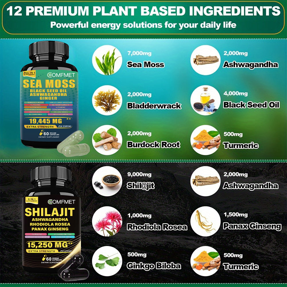 [2024 New Upgrade] COMFMET™ Sea Moss All-in-1 Blend And Shi-lajit Capsule 8-in-1 Synergy Bundle - Potent Natural Support -60 Capsules Per Bottle