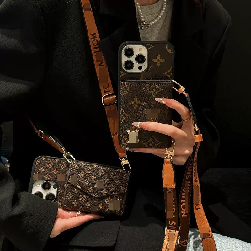 Advanced leather iPhone Case With Wallet And Strap Brown