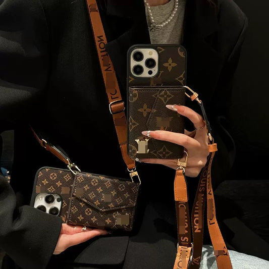 Advanced leather iPhone Case With Wallet And Strap Brown