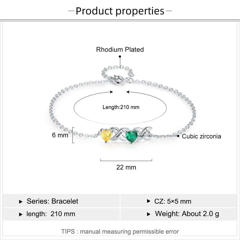 Family Custom Bracelet Heart Personalized with 2 Birthstones+