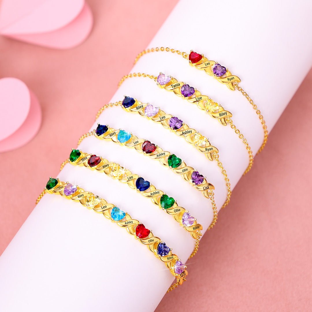Family Custom Bracelet Heart Personalized with 2 Birthstones+