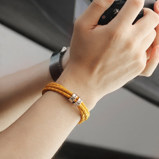 Men Braided Leather Bracelet with Small Custom Beads