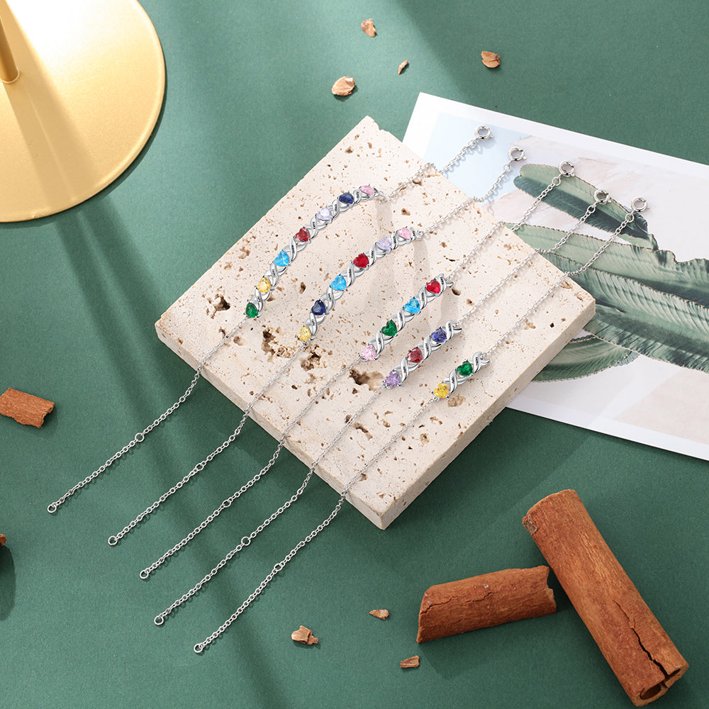 Family Custom Bracelet Heart Personalized with 2 Birthstones+