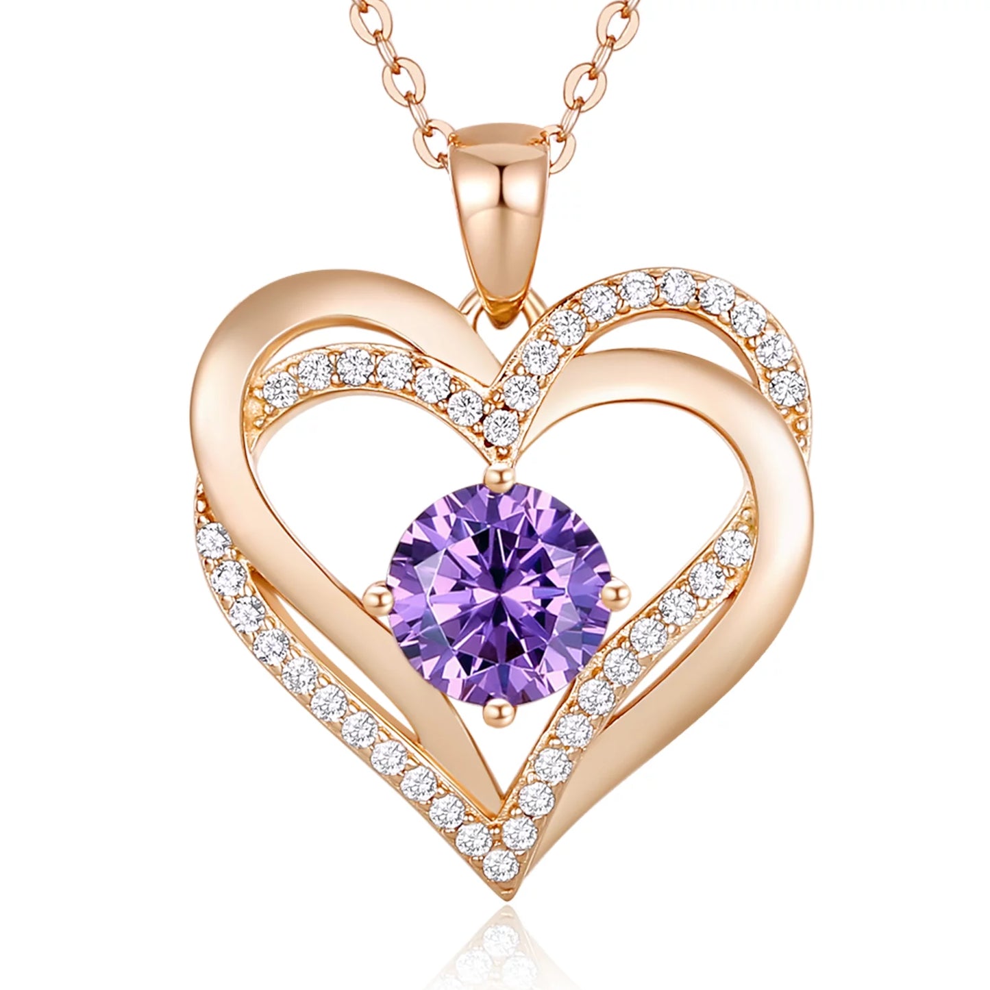 925 Sterling Silver Heart Birthstone Pendant Necklaces with 5A Cubic Zirconia
