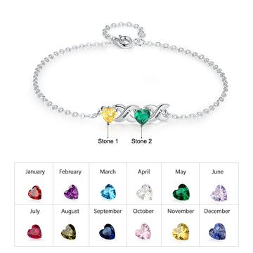 Family Custom Bracelet Heart Personalized with 2 Birthstones+