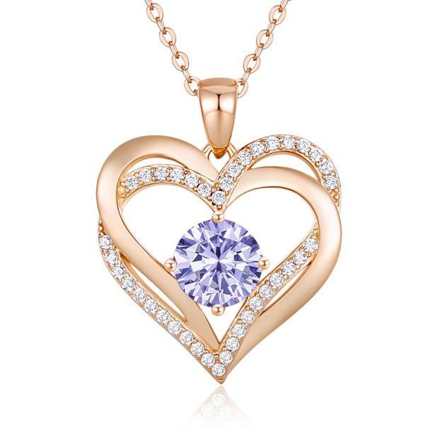 925 Sterling Silver Heart Birthstone Pendant Necklaces with 5A Cubic Zirconia