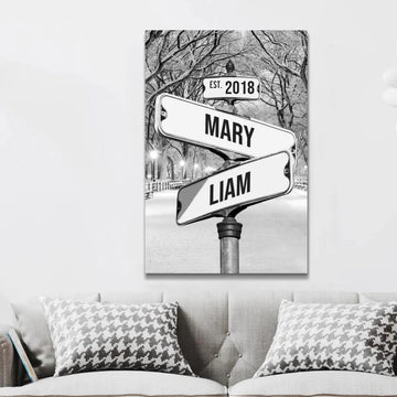 Personalized Canvas "Vintage Street Sign for couples" Central park in winter