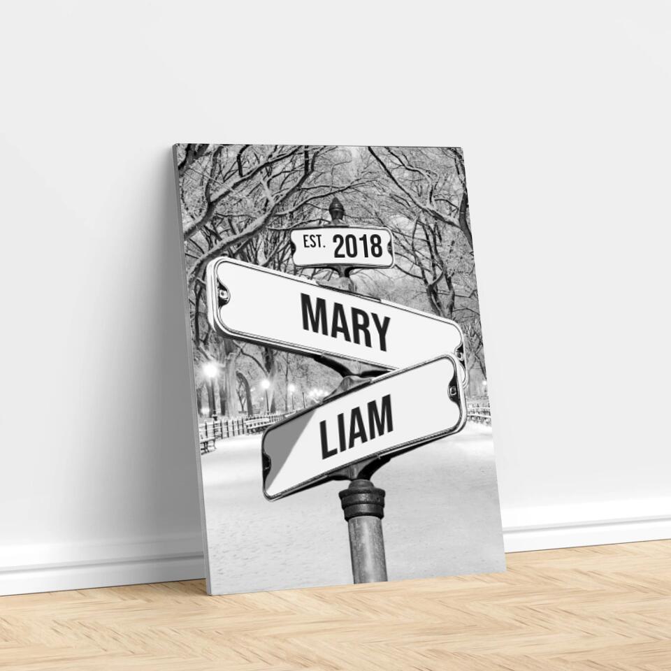 Personalized Canvas "Vintage Street Sign for couples" Central park in winter