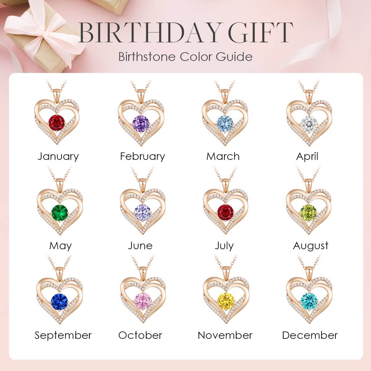 925 Sterling Silver Heart Birthstone Pendant Necklaces with 5A Cubic Zirconia