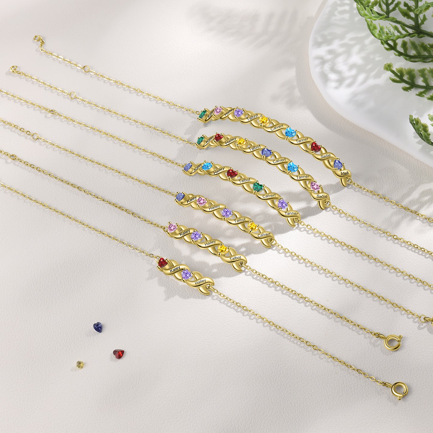 Family Custom Bracelet Heart Personalized with 2 Birthstones+