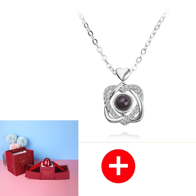 "I Love You" Necklace in 100 Languages + Metal Rose Jewelry Box