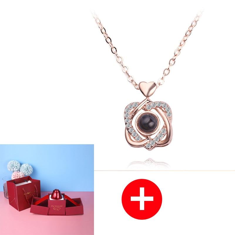 "I Love You" Necklace in 100 Languages + Metal Rose Jewelry Box