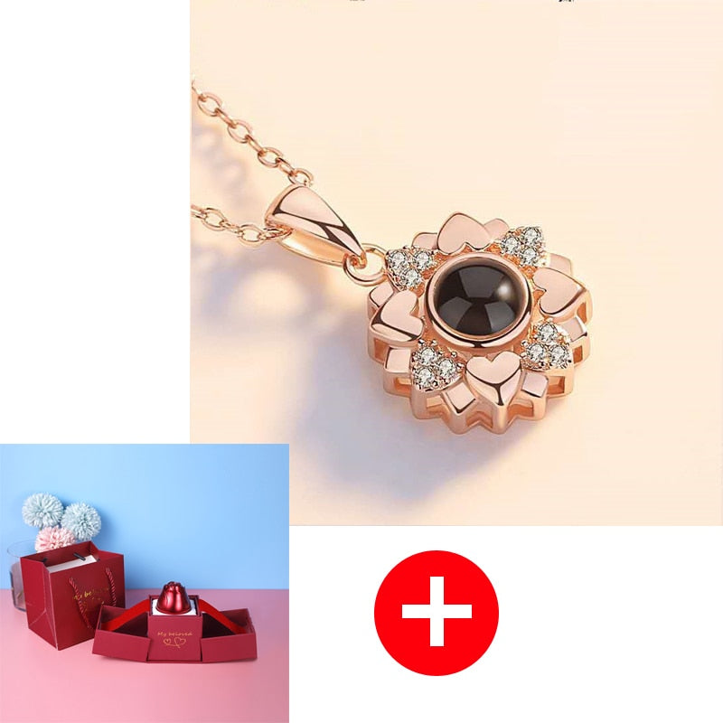 "I Love You" Necklace in 100 Languages + Metal Rose Jewelry Box
