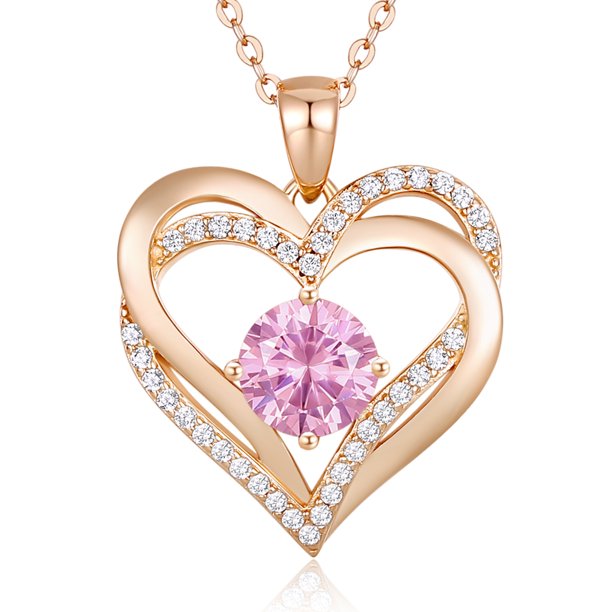 925 Sterling Silver Heart Birthstone Pendant Necklaces with 5A Cubic Zirconia