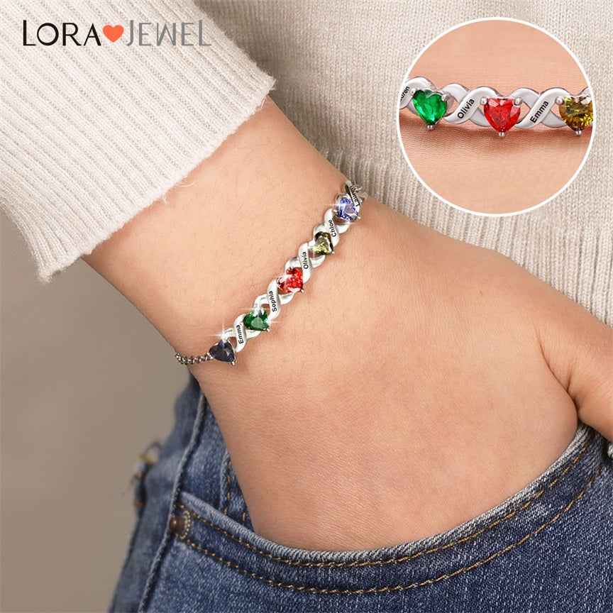 Family Custom Bracelet Heart Personalized with 2 Birthstones+