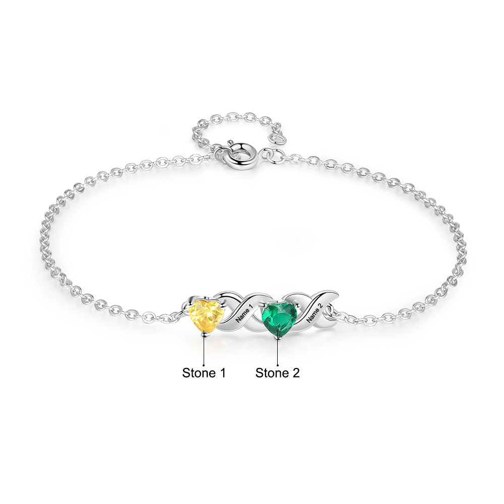 Family Custom Bracelet Heart Personalized with 2 Birthstones+